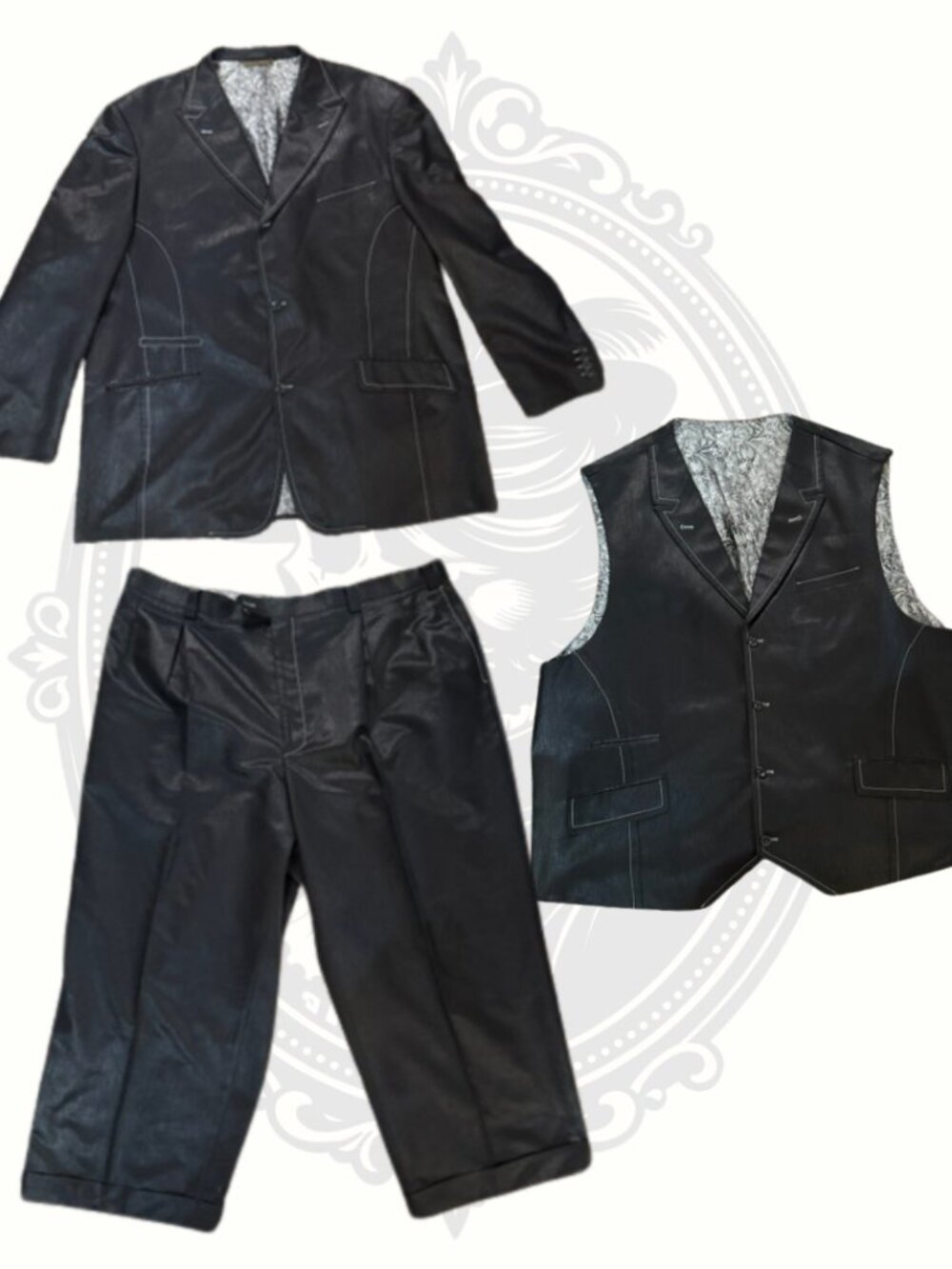 MECCA Black 3 Piece Suit 52R 44R Paisley Lining Vest Formal Wedding Prom